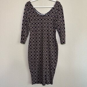 Urban Rose Brown Black Geometric Print Bodycon Dress L 3/4 Sleeve Stretch USA